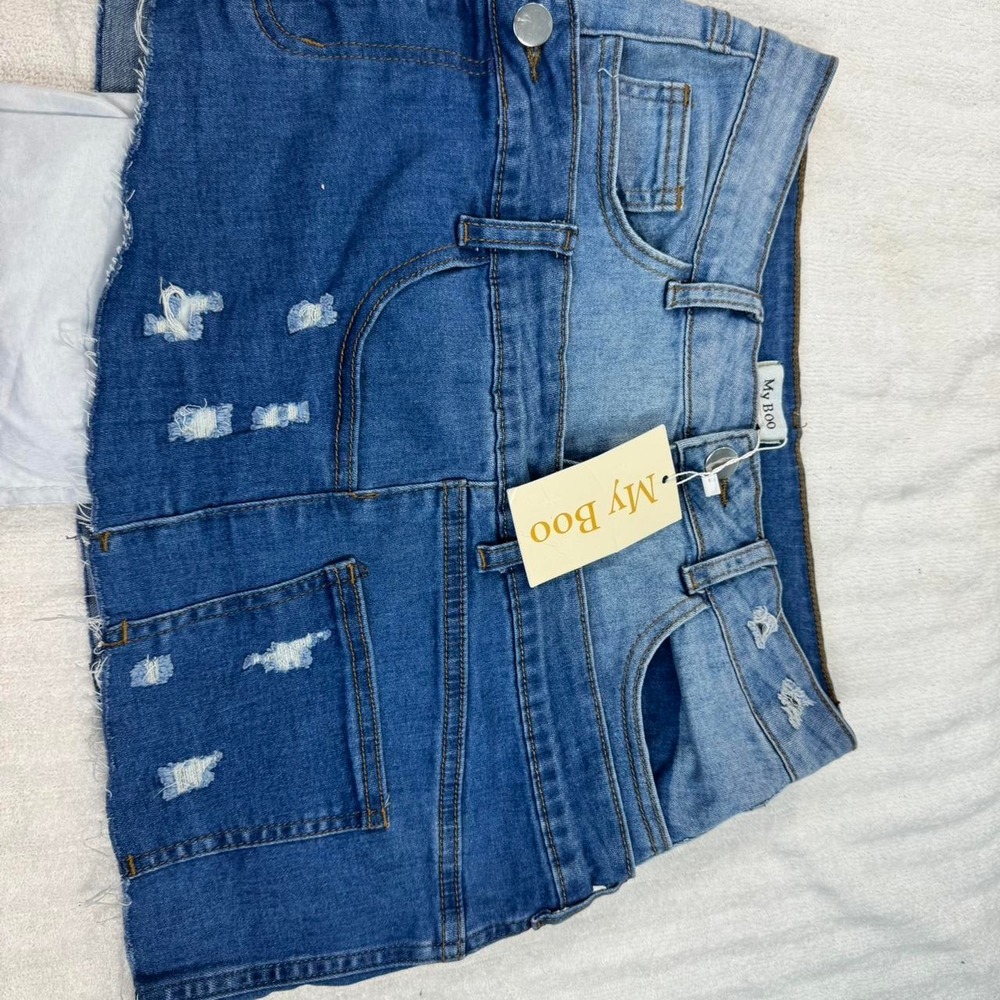 My Boo Two Tone Distressed Denim Mini Skirt Blue Patchwork Y2K Raw Hem Medium